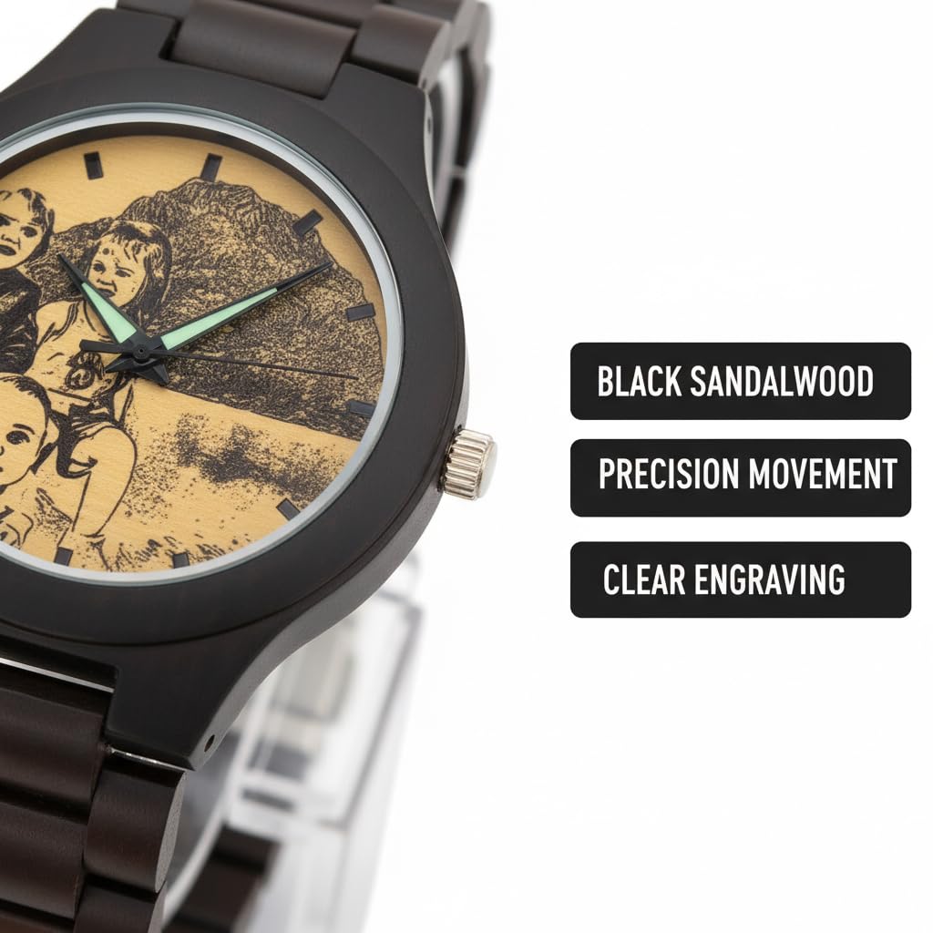 El reloj de madera para hombre para casas de árbol cuenta con un movimiento de cuarzo japonés. Es un reloj de pulsera personalizable elegante y único con una caja de nogal negro.