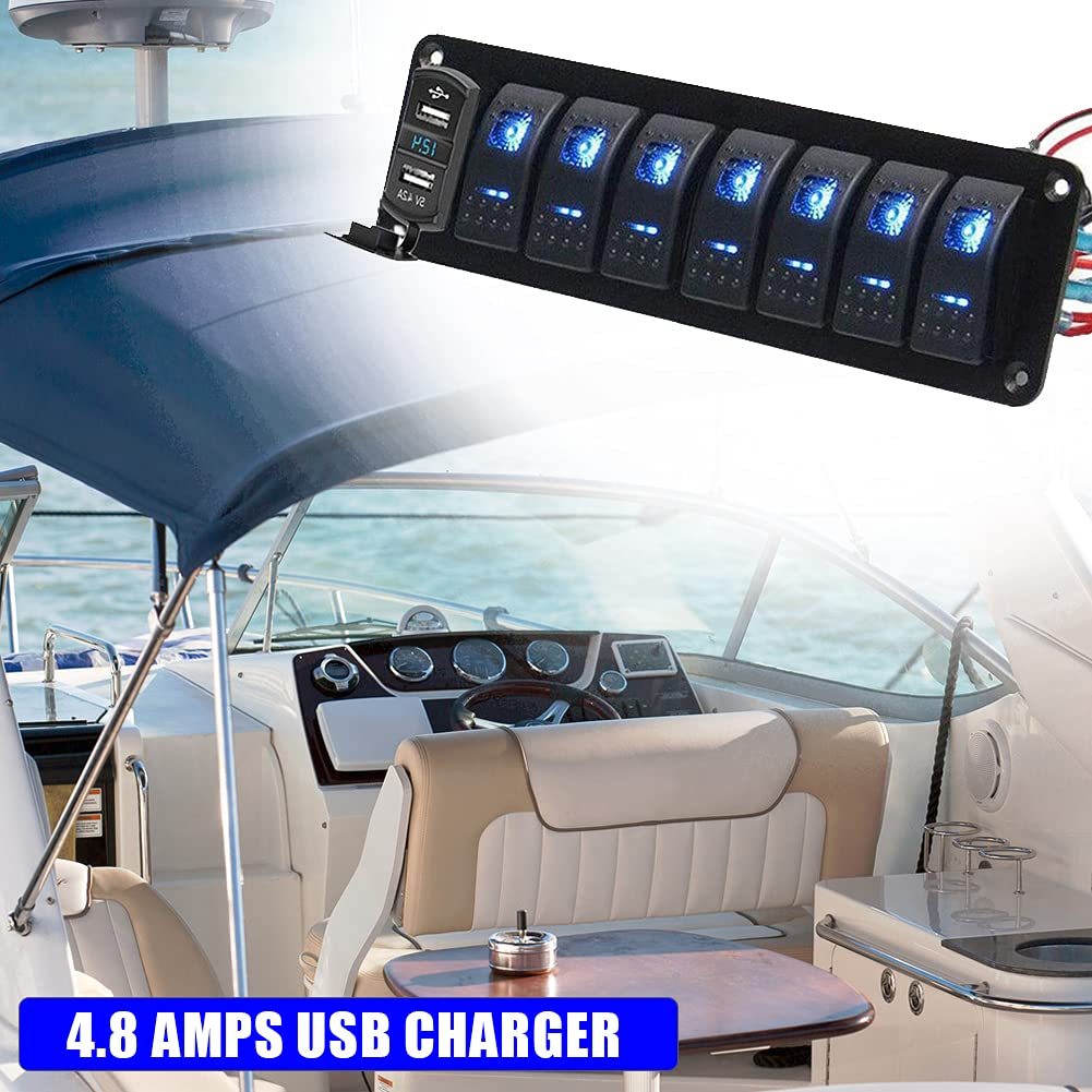 Bostar Panel de Interruptor de 8 Entradas con 2 Cargador USB Súper Rápido 4.8A, Interruptor Basculante Marino para Barco y Coche 12V-24V,8 Gang Panel de Interruptores Basculantes