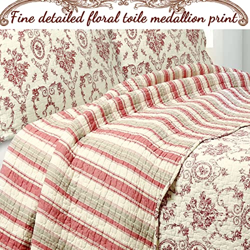 Cozy Line Home Fashions French Medallion Beige Burgundy Red Rose Flower Pattern Printed 100% Cotton Bedding Quilt Set Reversible Coverlet (Burgundy Red, Queen - 3 Piece)