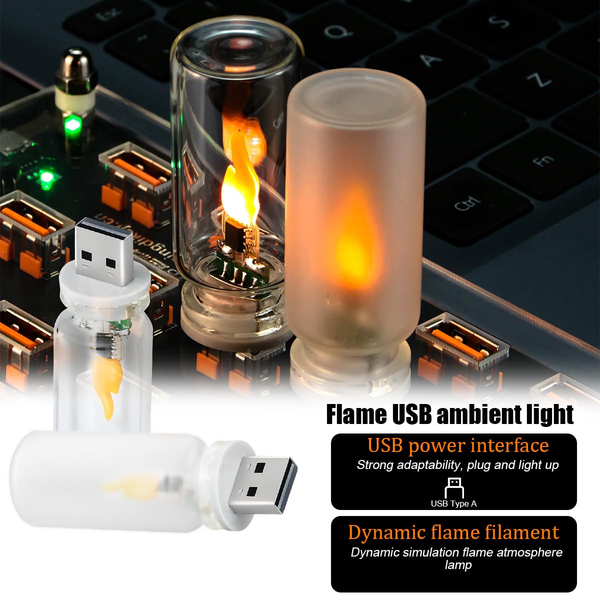 Luces LED USB de llama para automóvil, 2 unidades, mini lámpara ambiental enchufable con atenuación táctil, luz nocturna de botella de vidrio transparente para interior de automóvil, universal