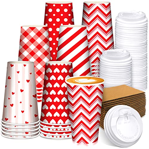 30 Stück 473 ml Valentinstag Becher mit Deckel und Krafthülle Streifen Herz Papier-Kaffeetasse Einwegbecher für heiße Getränke, Partyzubehör, 6 Stile Cover