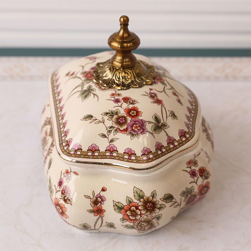 Słoik ceramiczny w stylu vintage z pokrywką ze stopu na przekąski, biżuterię i klucze, europejski pojemnik dekoracyjny kwiatowym wzorem do salonu toaletki, 22 x 18 cm