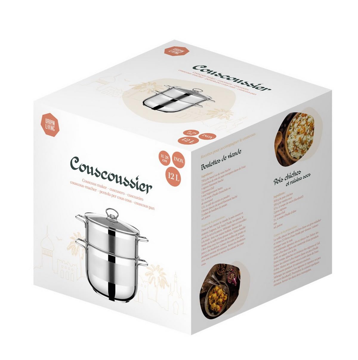 COUSCOUSSIER TOUS FEUX AVEC COUVERCLE EN VERRE 12LTR, Argenté