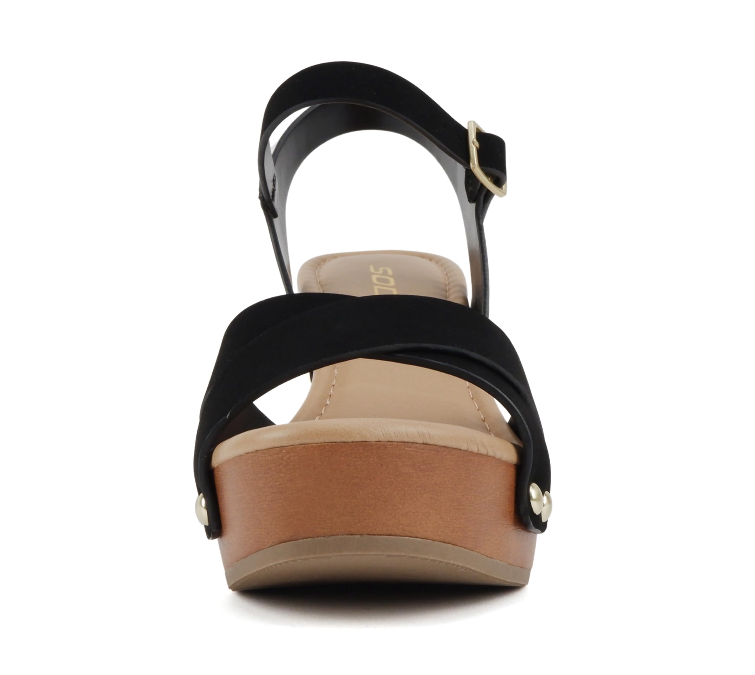 Soda MIGUEL ~ Women Crisscross Band Fashion Chunky Platform Block Mid Heel Sandal with Ankle Strap and Stud: 7 Black Nubuck