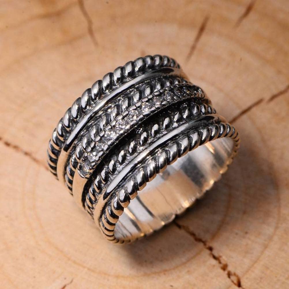 Anello Retrò in Argento Sterling 925 Coreano Fatto Vecchio Anello in Argento Sterling Maschile Retrò Tailandese con Motivo Intrecciato con Zircone1, 65mm