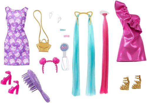 Barbie Doll, Fun & Fancy Hair with Extra-Long Colorful Blonde Hair and Glossy Pink Dress, 10 Hair and Fashion Play Accessories, HKT96 - 5