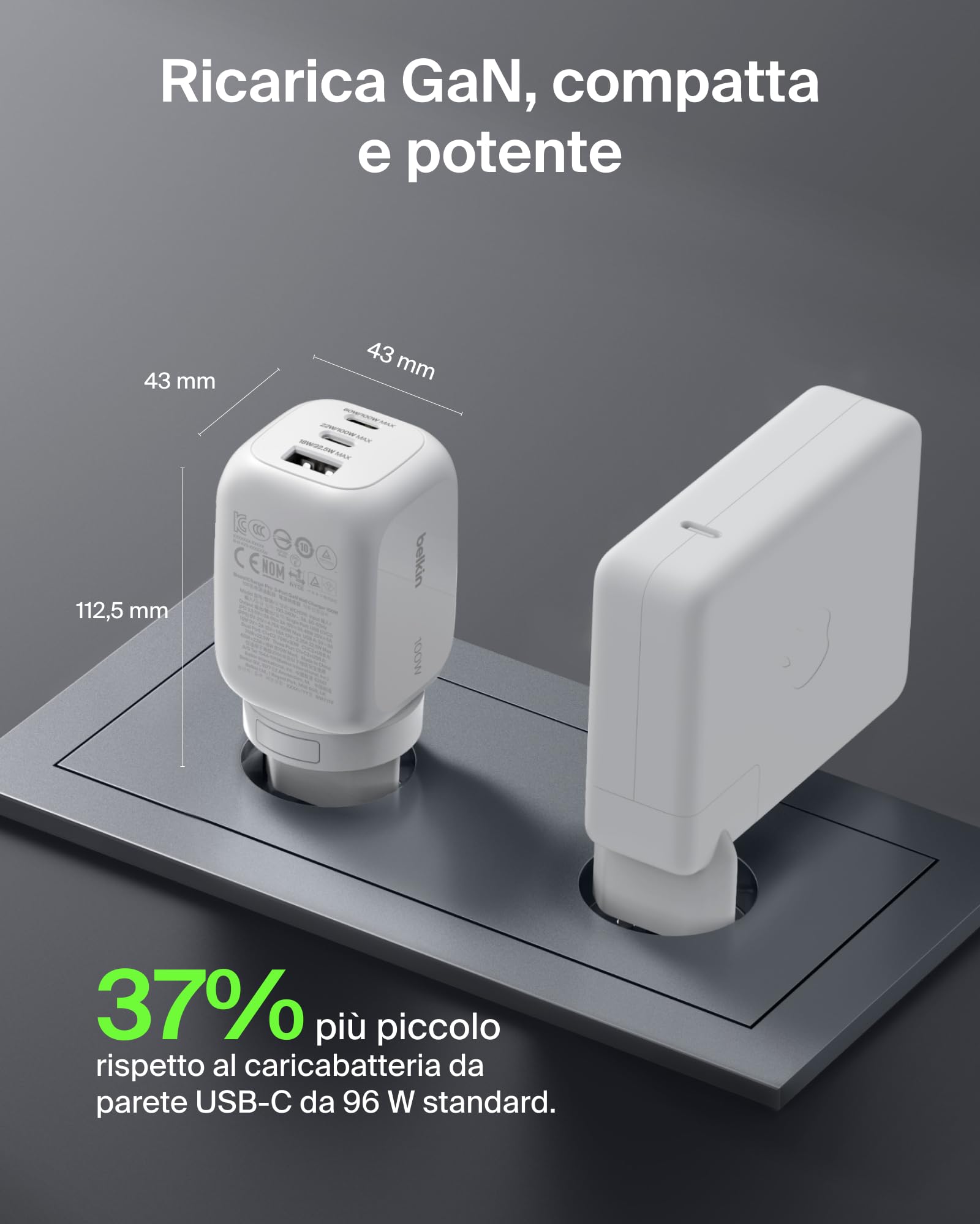 Belkin Caricatore da muro GaN USBC a 3 porte da 100 W, 2 porte USBC e 1 porta USBA, Spine incluse per UE-UK-US, Ricarica Rapida per MacBook, iPhone, iPad Pro, Samsung Galaxy, Google Pixel - Bianco