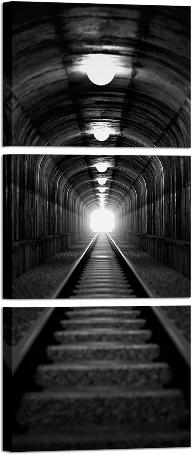 Nachic Wall Black and White Canvas Wall Art Train Tunnel with Light Picture Painting Old Tunnel Poster Prints Modern Home Decor