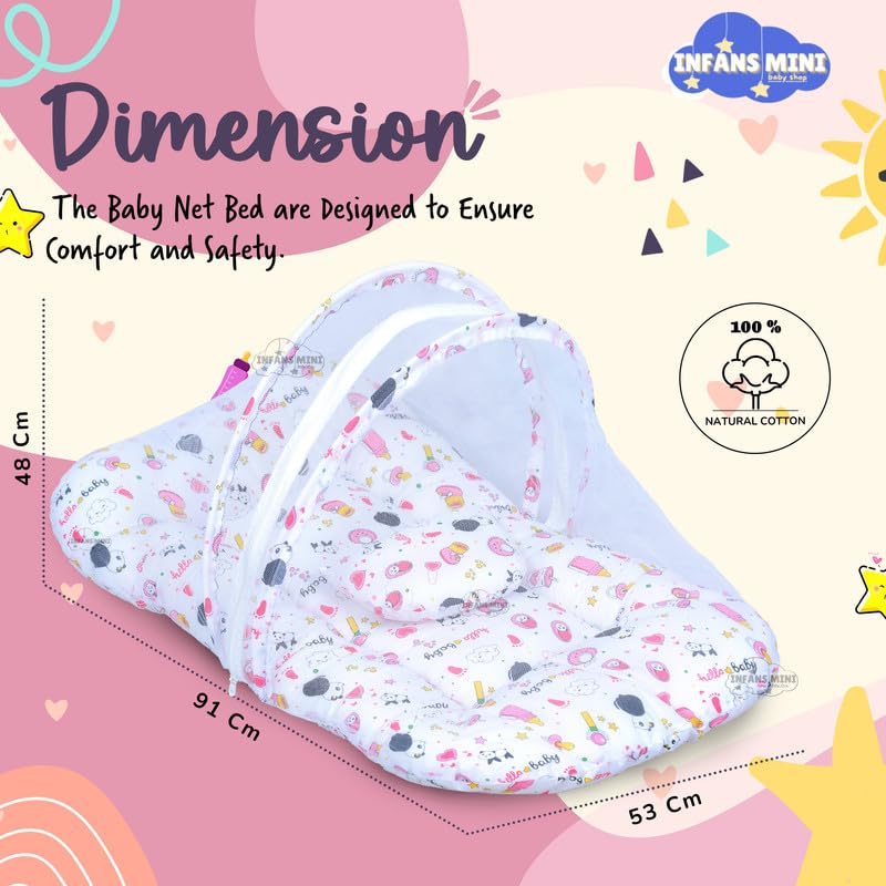 Image of Baby Bed with Mosquito and Insect Protection Net, Portable Mattress with Zip Closure & Pillow Ideal for Babies from 0-6 Months-Unisex (Panda Pink)