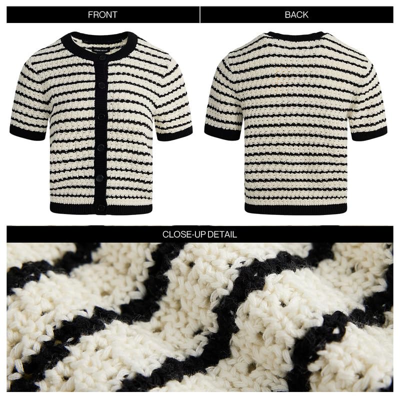 Womens Short Sleeve Summer Cardigan Button Down Sweater Casual Crew Neck Striped Top Trendy4