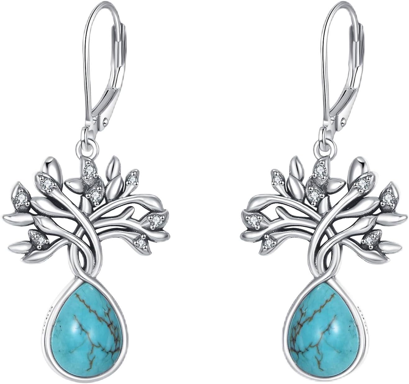 Turquoise Owl/Dragonfly/Hummingbird/Tree of Life Dangle Earrings 925 Sterling Natural Turquoise Leverback Earrings Jewelry Gift For Women