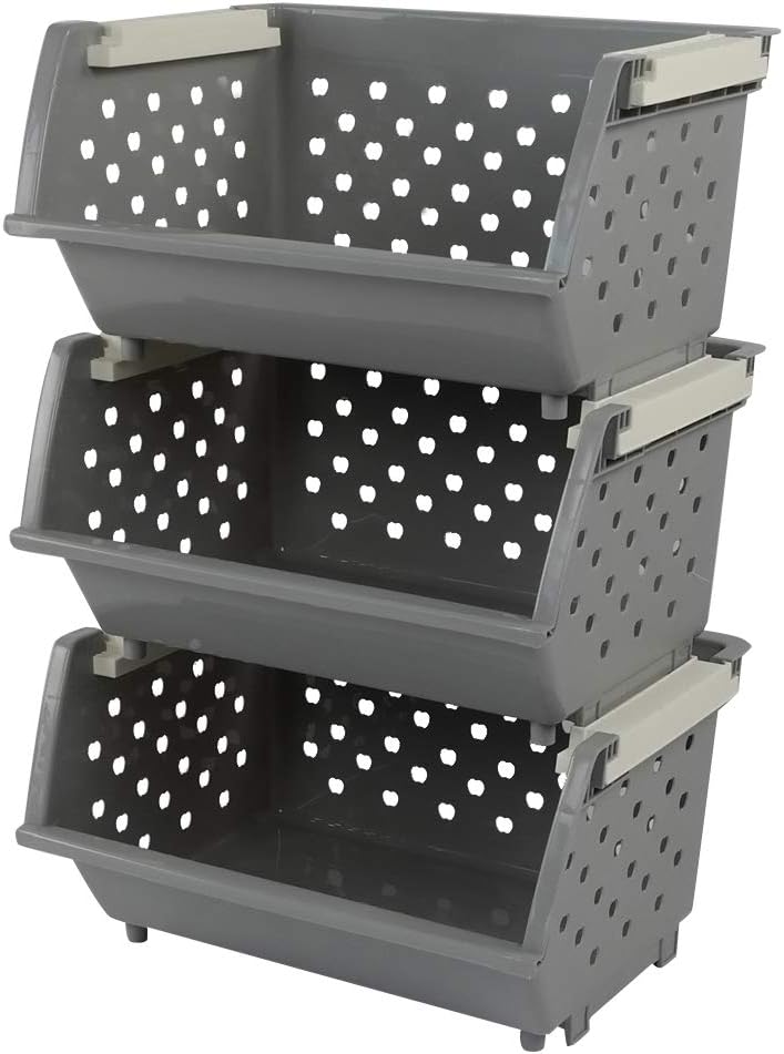 Plastic Stackable Storage Bins, Multi-functional Stacking Basket, Grey, Pack of 3