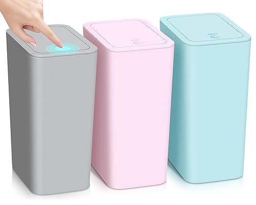Paquete de 3 cubos de basura pequeños para baño con tapa, papelera delgada de 10 litros2.6 galones con tapa desplegable para dormitorio, oficina,