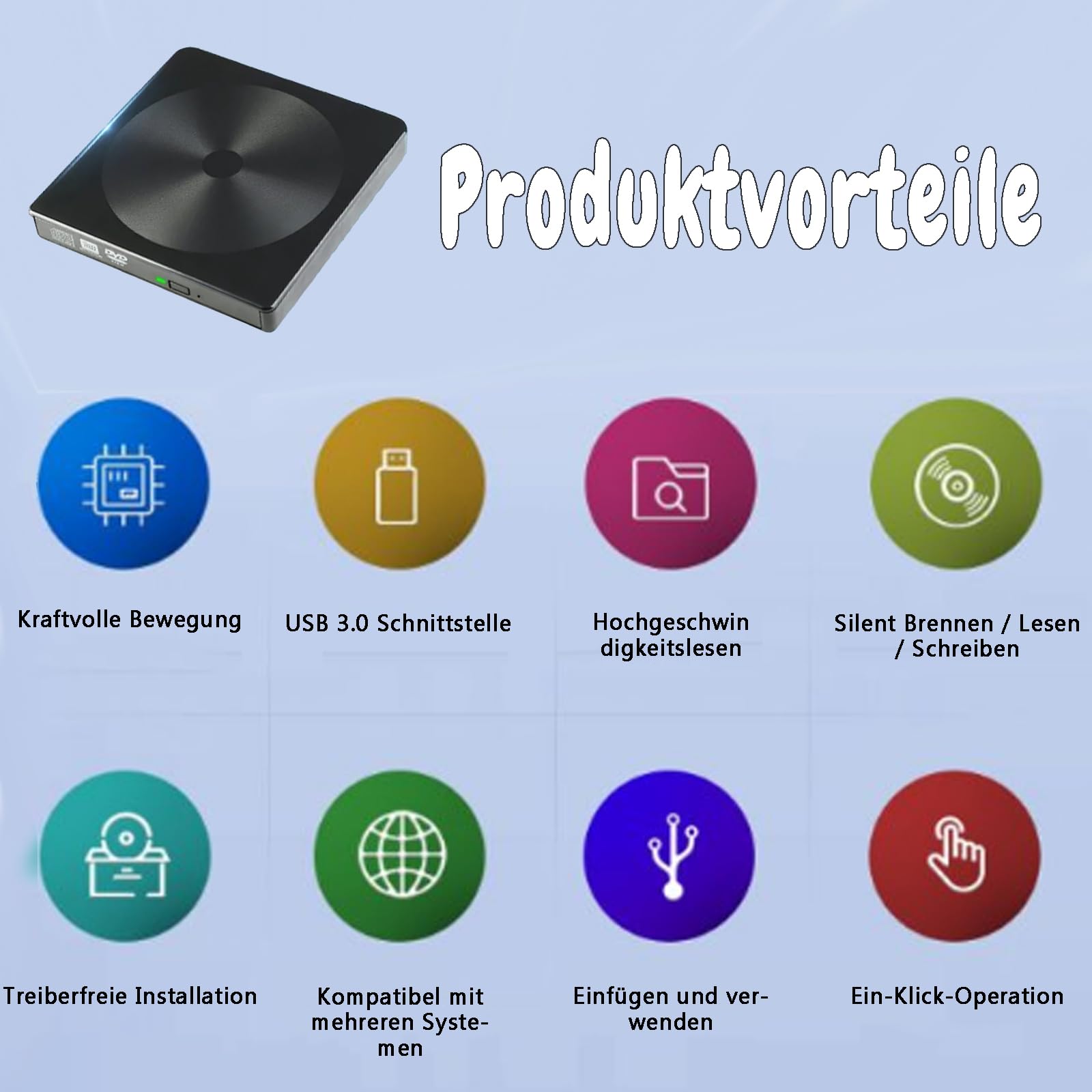 GERUI Externes DVD Laufwerk, CD DVD Brenner Player USB 3.0 Typ-C Writer DVD/CD +/-RW CD Laufwerk für PC Laptop Desktop mit Mac/OS//Linux/Win11/Win10/Win8/XP