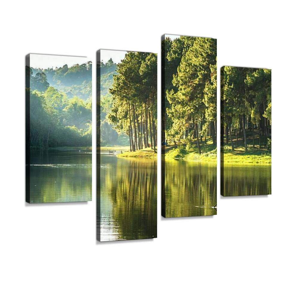 pang ung, reflection of pine tree in a lake Canvas Print Artwork Wall Art Pictures Framed Digital Print Abstract Painting Room Home Office Decor Ready to Hang 4 Panel