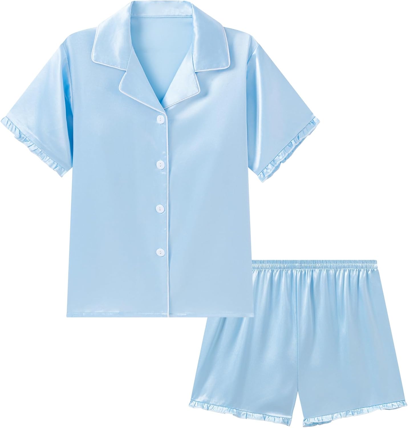 DIPUG Girls Pajamas Set Satin Short Sleeve Pjs with Ruffle Trim Soft Silky Sleepwear for Ages