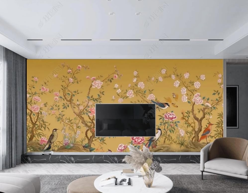 Papier peint intissé fleur jaune rétro tapisserie photo trompe l'oeil salon