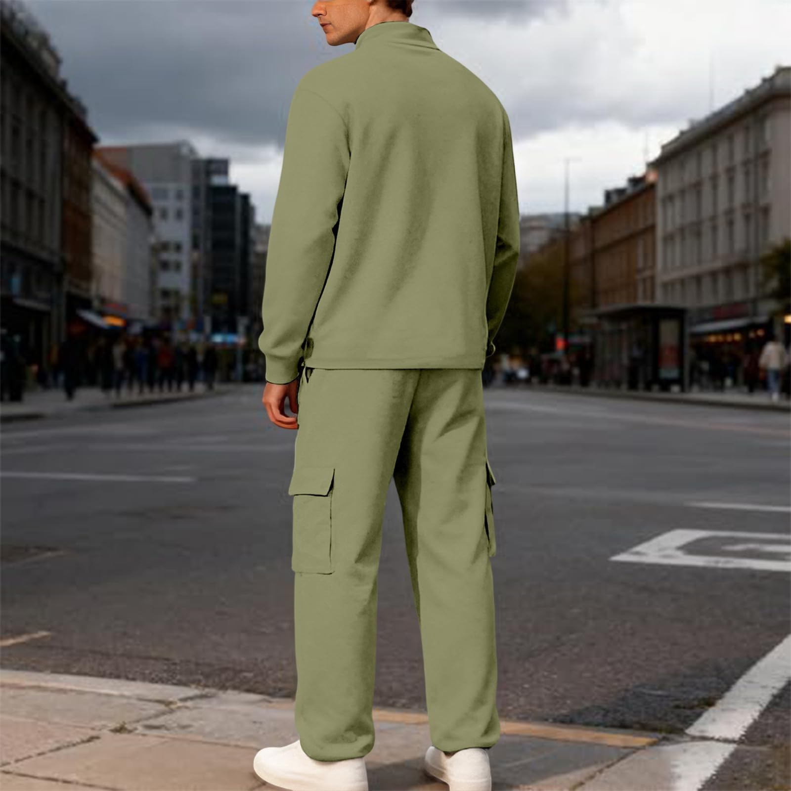 Generico Completo Due Pezzi Abbigliamento Casual Uomo Tinta Unita, Maglia | A Maniche Lunghe Con Collo Alto E Zip Parziale Frontale, Pantalone Cargo A Gamba Larga Con Tasche Laterali Funzionali,