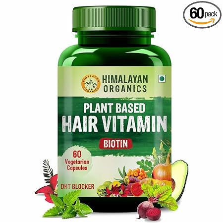 HIMALAYAN ORGANICS Plant Based Hair Vitamin With Biotin DHT Blocker Supplement | Vitamin A, C, D, E, B3, B5, B6, B7, B9, B12, Zinc, Calcium, Iron | Good For Hair Growth - 60 Veg Capsules