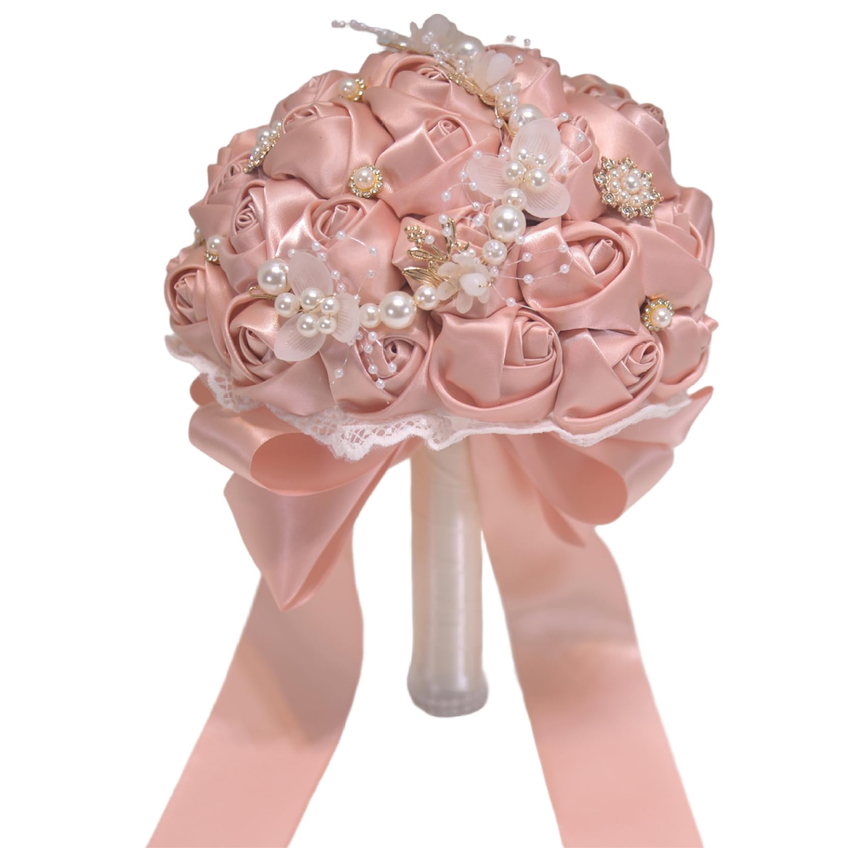 Uanqfegy Wedding Bouquets - Handheld Quinceanera Bridal Bouquet with Pearl Bead & Jewelry, 9x7 Lifelike Ribbon Artificial Flowers with Handle