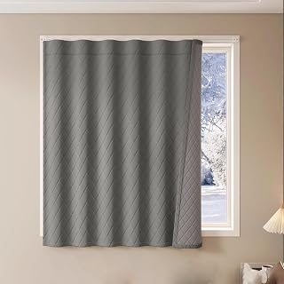 Thermal Curtains for Winter Insulated Heavy Duty Window Cover Windproof Coldproof Insulation Kit with Slide Rails Self-Adhesive Thickened Cotton Curtain(Gray,W 150 x H 200 CM)