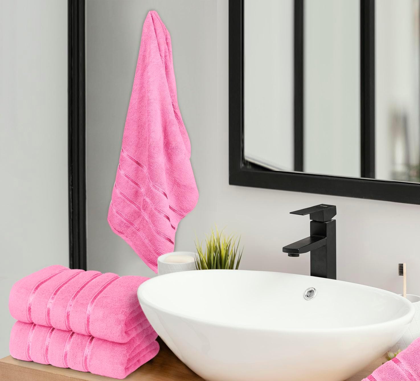 Luxury Bath Towels Set of 4, 27x54 Inches 600GSM 100% Cotton Ring Spun – Daily Use Highly Absorbent Viscose Stripe Bath Towel Sets for Bathroom, Hotel, Spa (Pink)