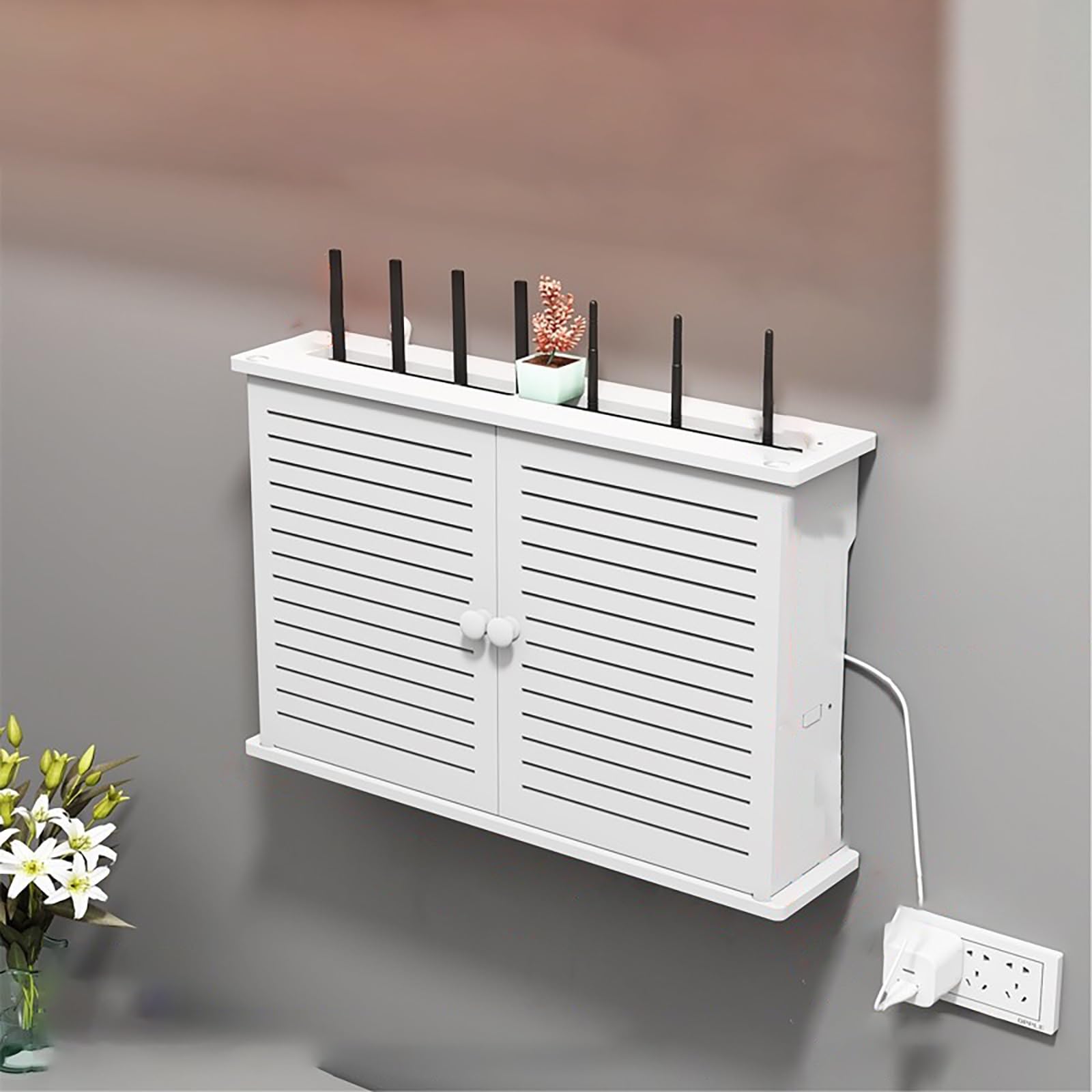 Caja de Enrutador WiFi Montaje en Pared Estantes Flotantes Caja de Almacenamiento WiFi con Puerta y Estante para Sala de Estar.(48x11x31cm)