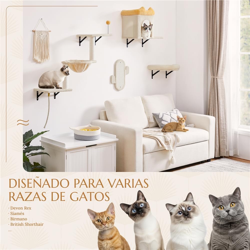 Yaheetech Estante de Escalada para Gatos 4 en 1 Mueble de Pared Beige | Fácil montaje, Ahorra espacio,Duradero,Poste sisal resistente,multifuncional,Bola colgante sustituible, Felpa suave