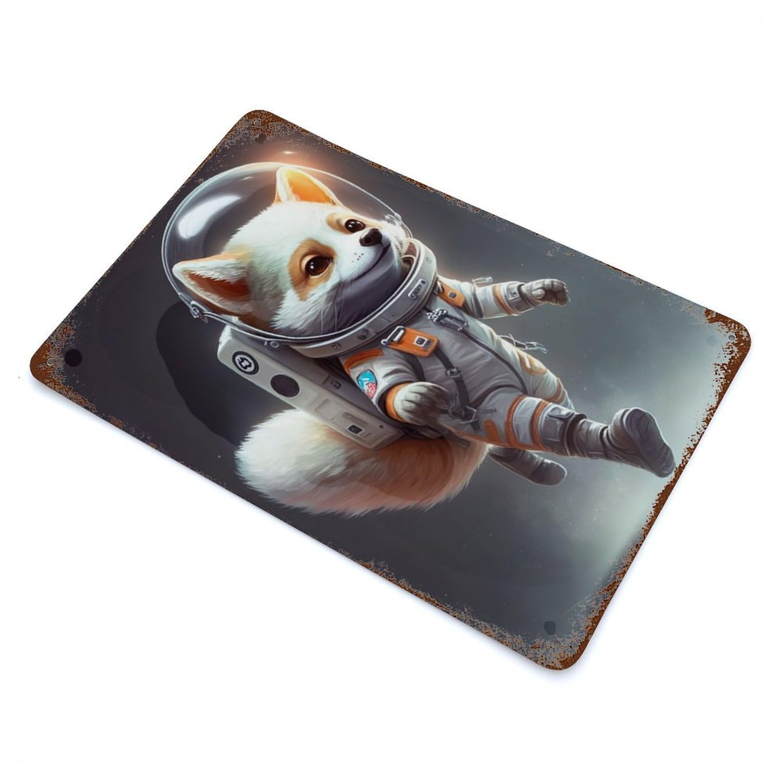 Astronaut Space Wolf 11.8"x7.9" Weathered Tin Sign, Classic Wall Plaque for Patio, Garden Room And Bar Decor
