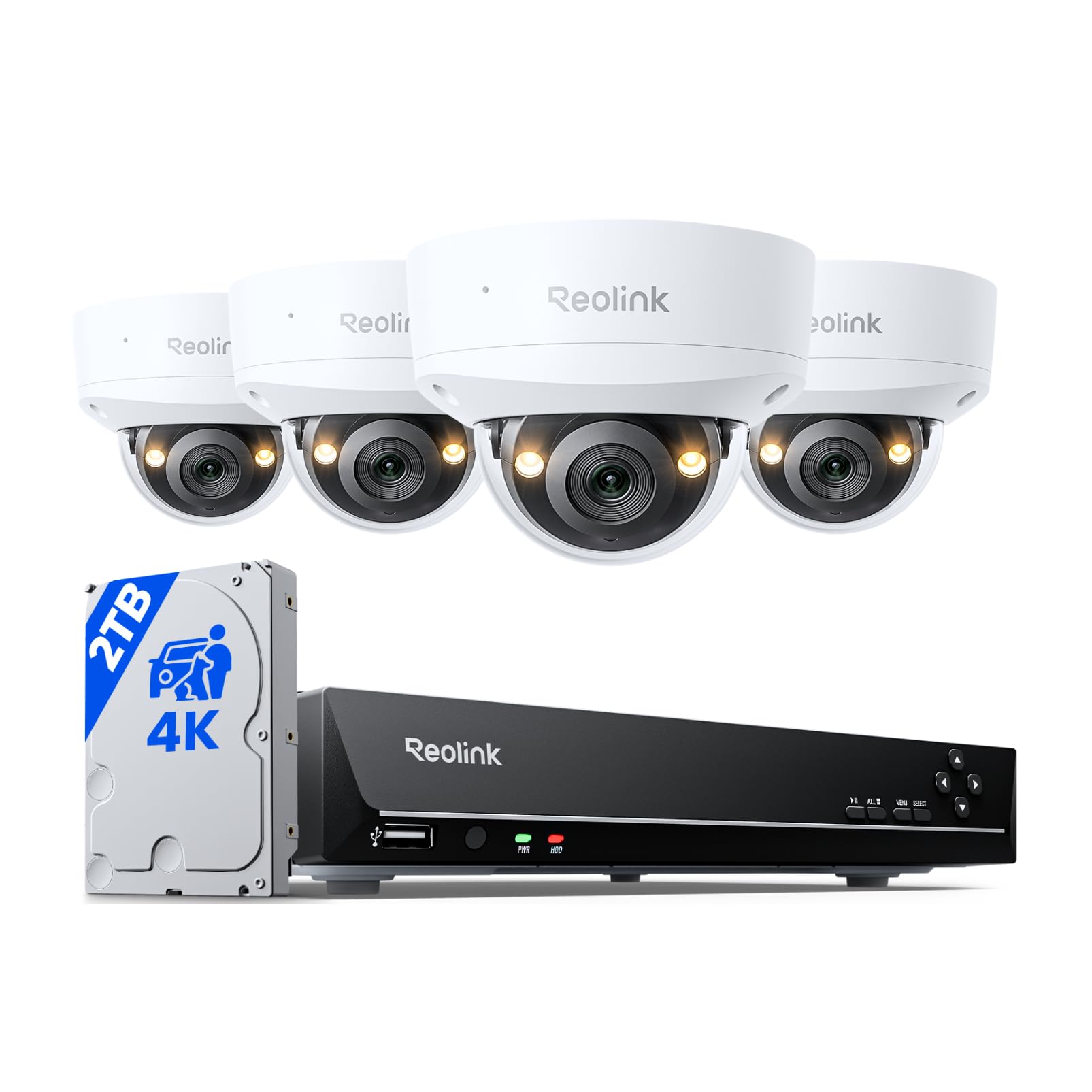 Reolink 4K PoE System 8 kanałów, Ochrona IK10, Kolorowa Noktowizja, Wbudowany Dysk Twardy 2TB, Wykrywanie Ludzi/Pojazdów/Zwierząt, Dwukierunkowe Audio, Reflektory, Wodoodporność IP67, RLK8-800V4.