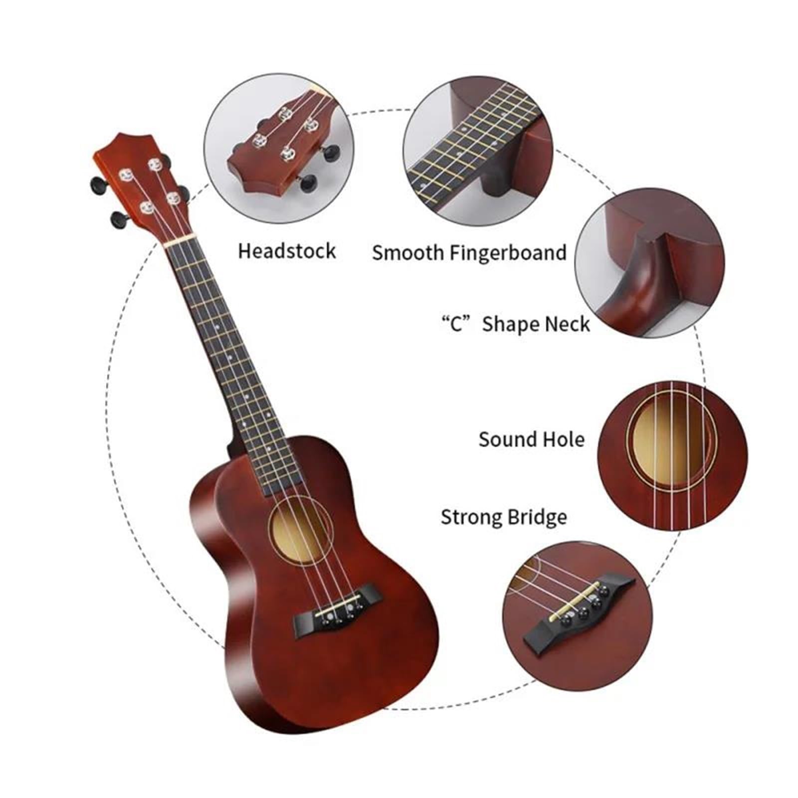 Ukulele Musikinstrumente 23 Zoll Akustik Ukulelen Set Mit Tasche Saiten Gurt Steg Nadel Kapodaster Plektrum Stimmgerät Komplett Aus Lindenholz Für Anfänger(Coffee)