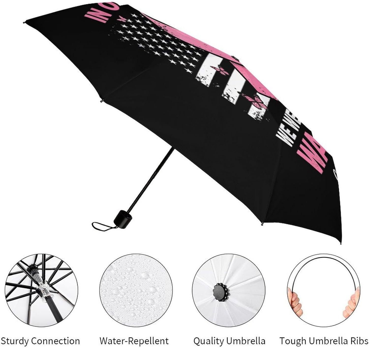 Breast Cancer Awareness U.S Flag Travel Umbrella Windproof Folding Umbrella | Portable,Rain&Sun