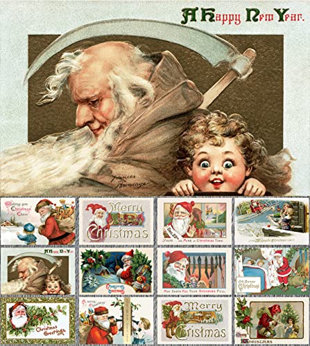 Image of PIXILUV CHRISTMAS SANTA (Pack of 12) Notecards Small Greeting Cards # Joyful Christmas Santa Claus~ Vintage Christmas Postcards Reprint
