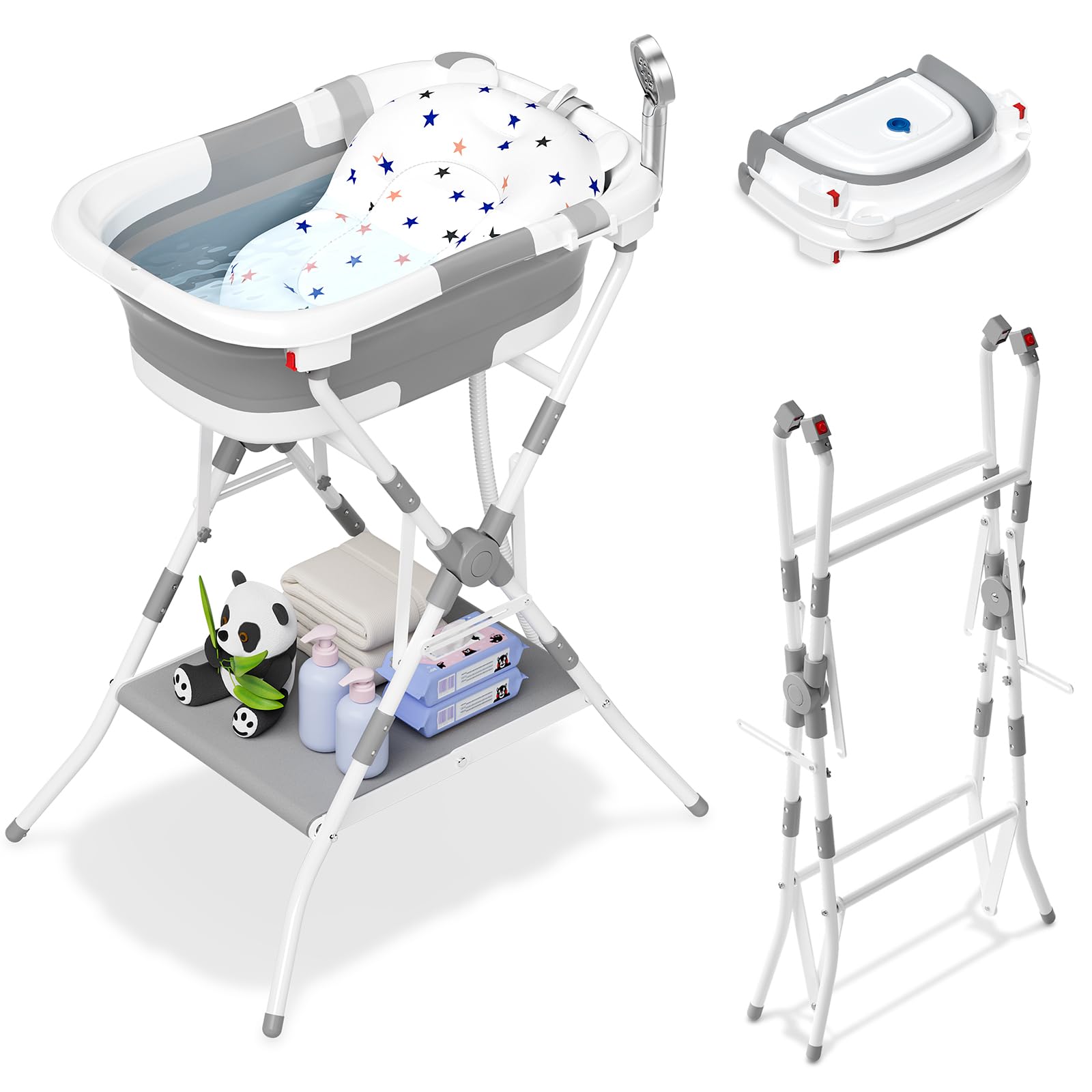 Vaschetta da bagno per neonati con supporto pieghevole,vasca da bagno portatile multifunzionale per neonati e bambini piccoli con tappetino da bagno, foro di scarico, senza termometro, grigio-bianca