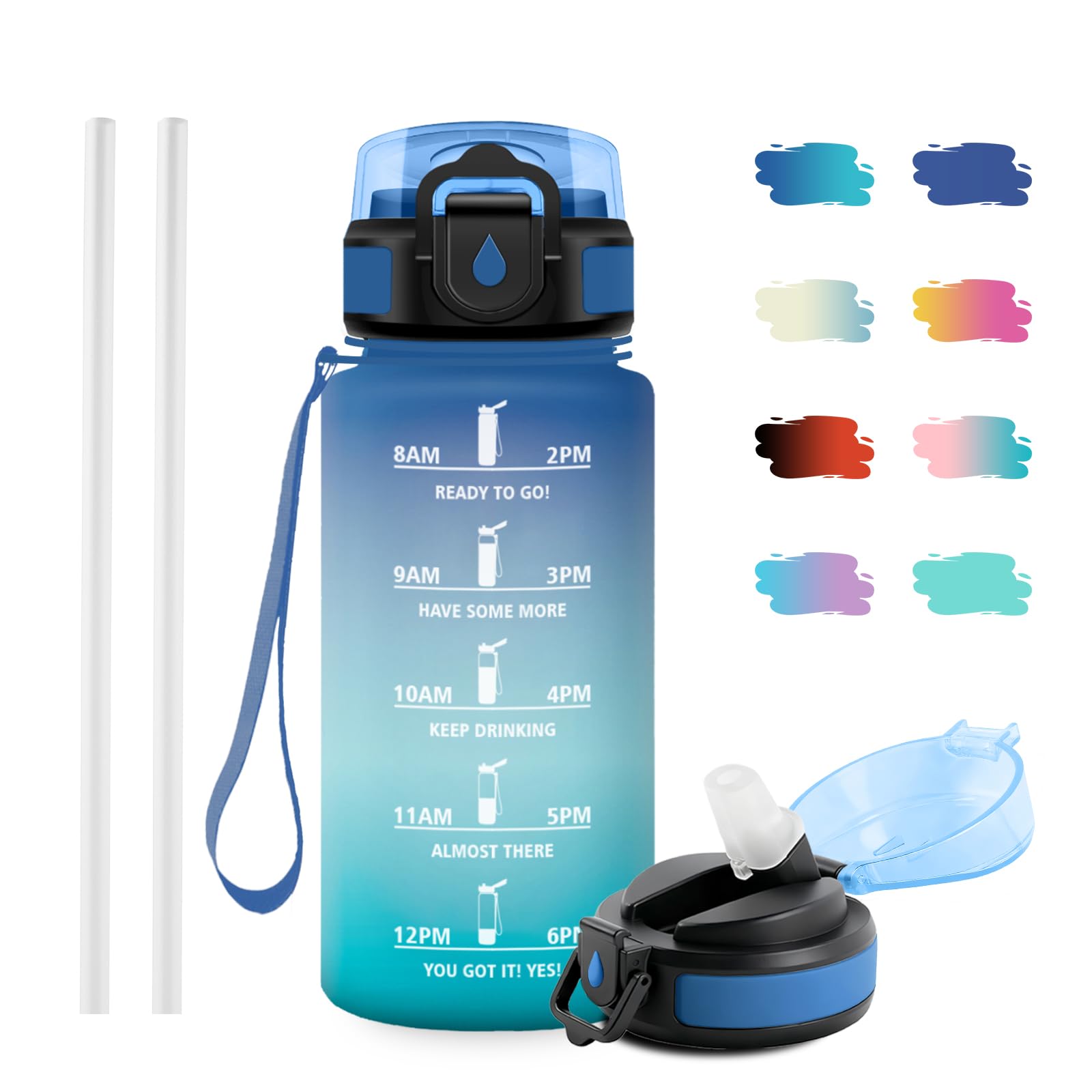 JAPORIA Drinking Bottle 500 ml, Suitable for Carbonated Drinks, Leak-Proof, One-Handed Opening, Sports Water Bottle with Time Marking, Water Bottle with Straw, Perfect for Travel, Camping, School