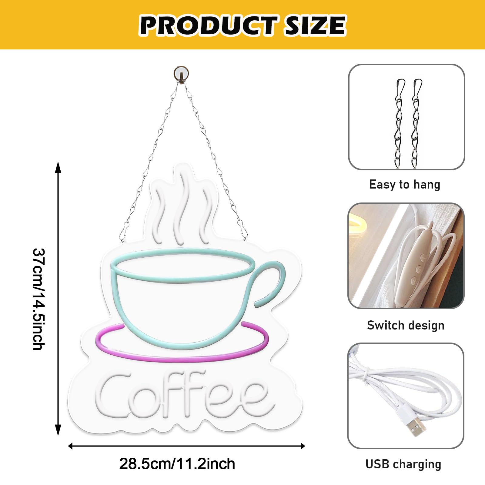 Coffee Neon Sign, reklama reklamowa LED, do kawy, neonowy szyld z przyciemnianym włącznikiem i łańcuchem wiszącym, zasilanie USB, do kawiarni, baru, salonu, dekoracja