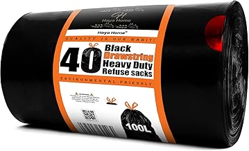 Haya Home 100L litre 40 Drawstring Bin Bags Heavy Duty Bin Liners Black Plastic Refuse Sacks tie top handle large Waste Dustbin Bags for Kitchen Home Office DIY Garden 100% Recycled Material