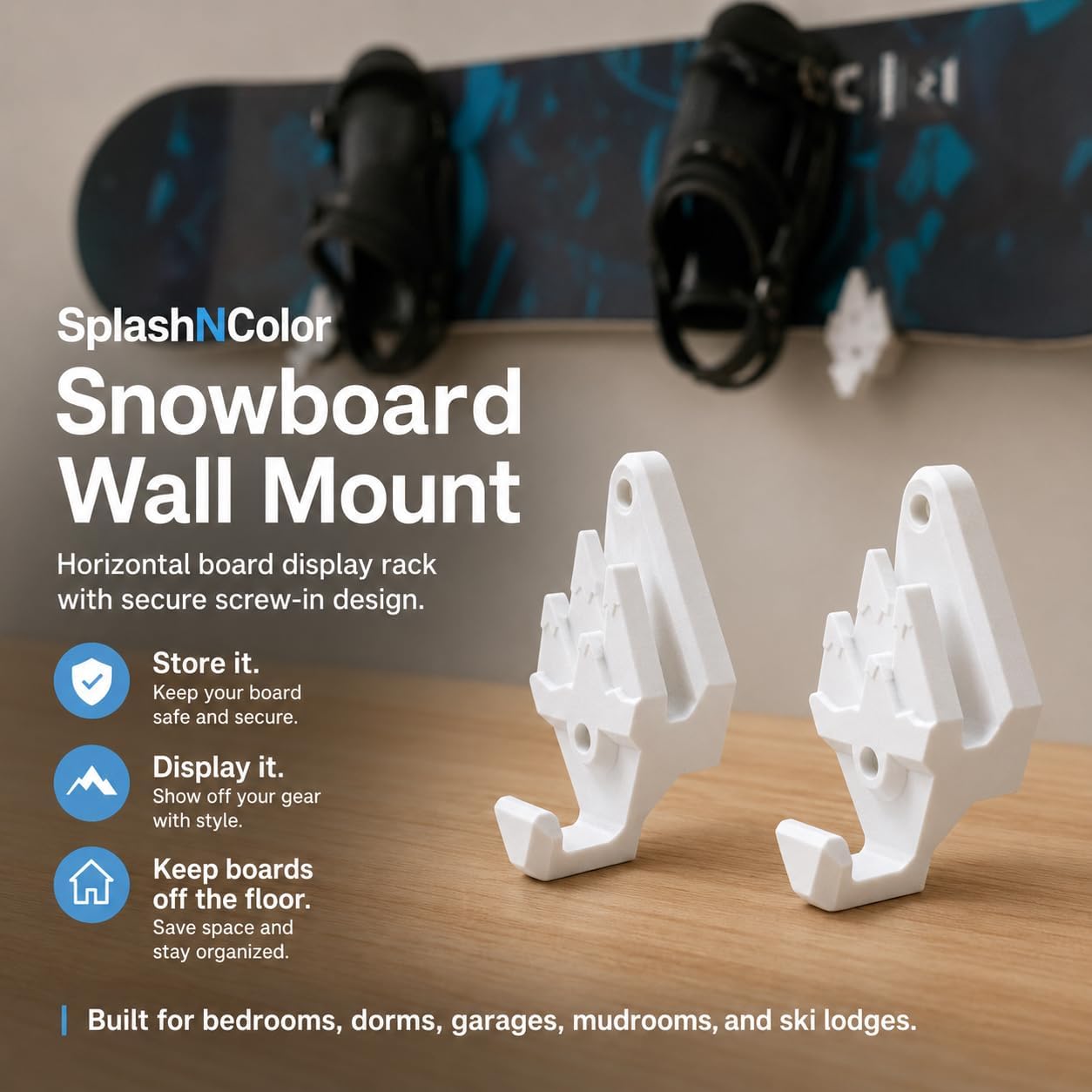 SplashNColor Snowboard Wall Mount – Horizontal Board Display Rack with Secure Screw-in Design | Space-Saving Storage Hanger for Garage Bedroom Dorm | Keeps Boards Off the Floor and