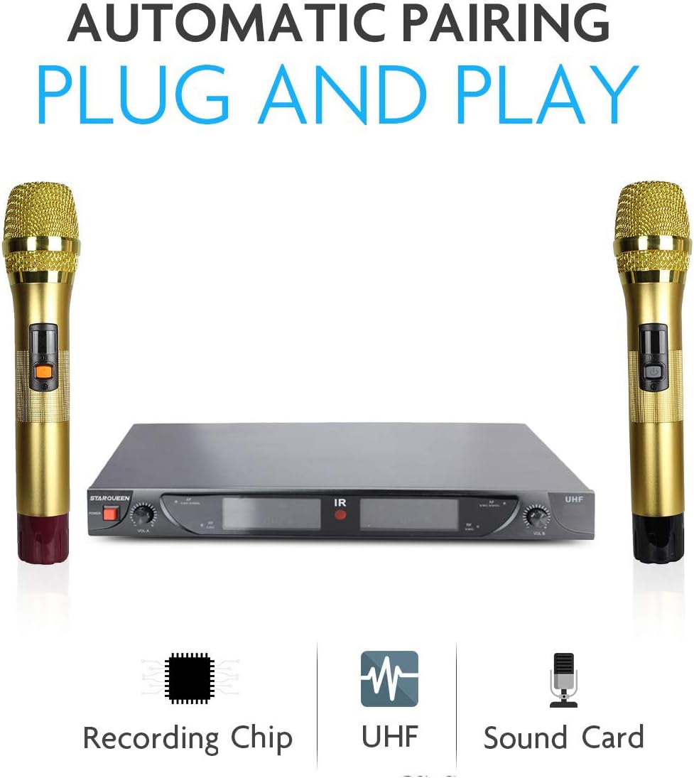 Starqueen Dual UHF Wireless Karaoke Speaker Microphones with USB Receiver for PA Speaker Computer PC Singing KTV, Cordless Handheld Portable Dynamic Mic Battery Powered with LCD Display