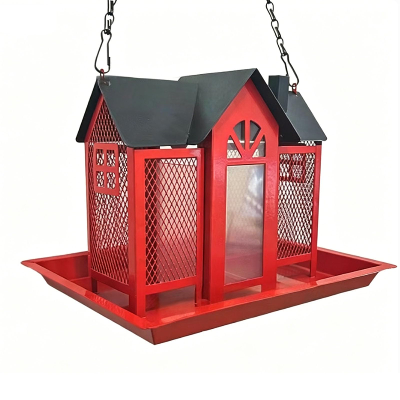 Mangeoire à oiseaux au design unique rouge suspendue en métal robuste 25cm