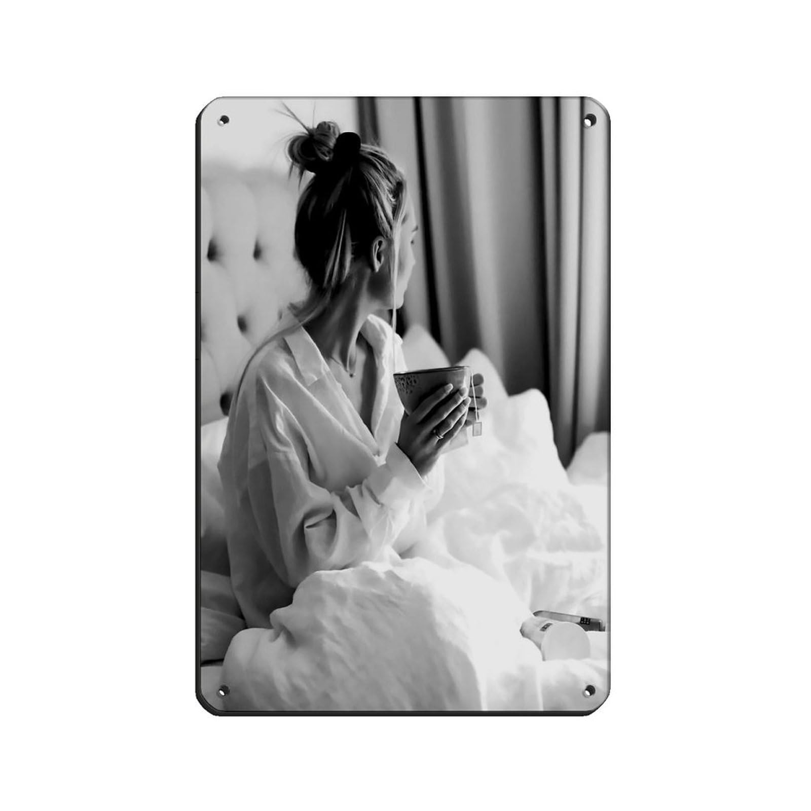 Woman Drinking Tea in Bed,Teen Girls Bedroom Decor Retro Poster Metal Tin Sign Chic Art Retro Iron Painting Bar People Cave Cafe Family Garage Poster Wall Decoration 8x12inch(20x30cm)
