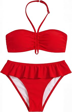 Girls Swimsuits Bikini Sets 2 Piece Bathing Suits Ruffled Adjustable Halter Straps Removable Pads Kid Swimwear6-16Y