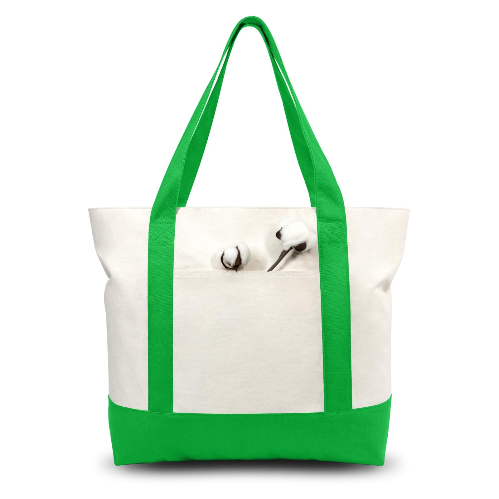 TOPDesign 1-Pack Canvas Tote Bag with an External Pocket, Reusable Grocery Shopping Bag, Top Zipper Closure, Daily Essentials (Lime Green/Natural)