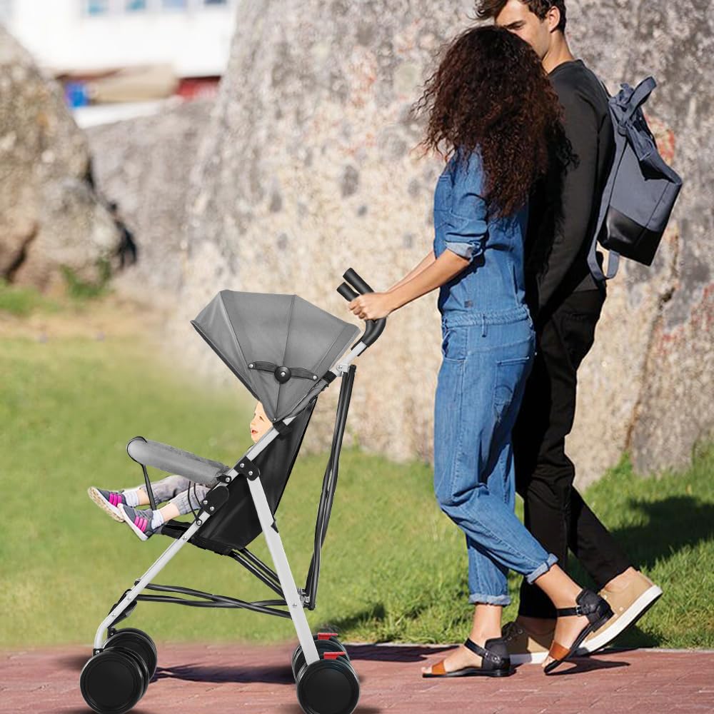 Leichter Kinderwagen, bis zu 30 kg, großer Korb, schnelles Klappsystem, geräumiger Sitz, doppelte Bremse und schwenkbare Vorderräder (grau)