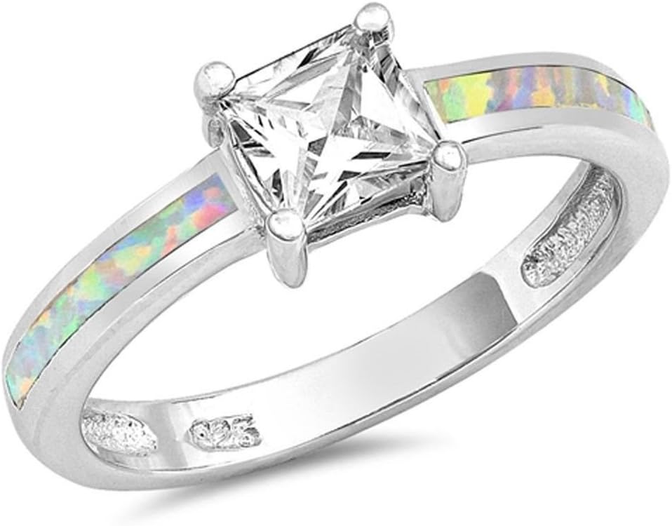 Blue Apple Co. Solitaire Accent Fashion Ring Princess Cut Cubic Zirconia Lab Created White Opal 925 Sterling Silver