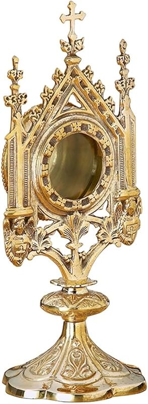 Church Supply Polished Brass Reliquary, 11" Tall, Gothic Cross | Gothic Design, Glass Chamber, Sacred Display