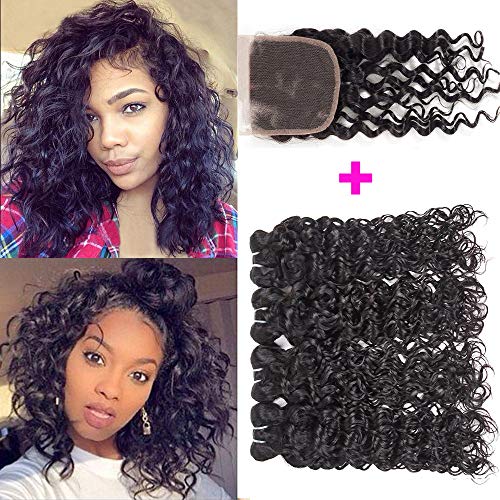 Water Wave Bundles With Closure 10 Inch 4 Bundles With Lace Closure Free Part 4x4 Wet Wave 8A Brazilian Human Hair Extension