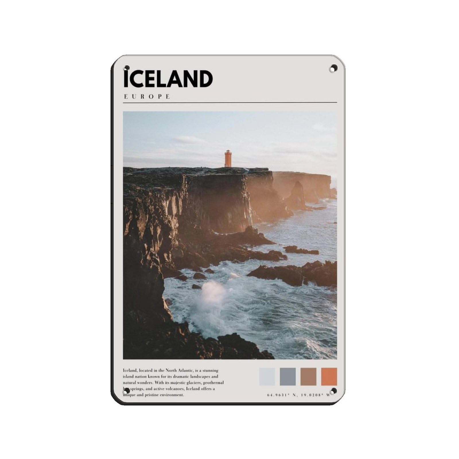 Iceland Poster Iceland Photography Art Retro Poster Metal Tin Sign Chic Art Retro Iron Painting Bar People Cave Cafe Family Garage Poster Wall Decoration 8x12inch(20x30cm)