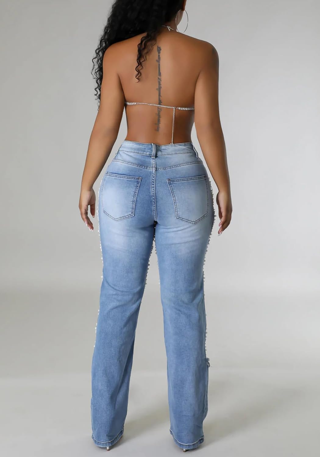 Lucuna Women's Rhinestone Ripped Jeans High Waist Boyfriend Cutout Straight Leg Pearl Distressed Denim Pants - Image 5