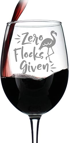 Zero Flocks Given – Cute Funny Flamingo Wine Glass, Large 16.5 Ounce, Etched Sayings, Gift Box